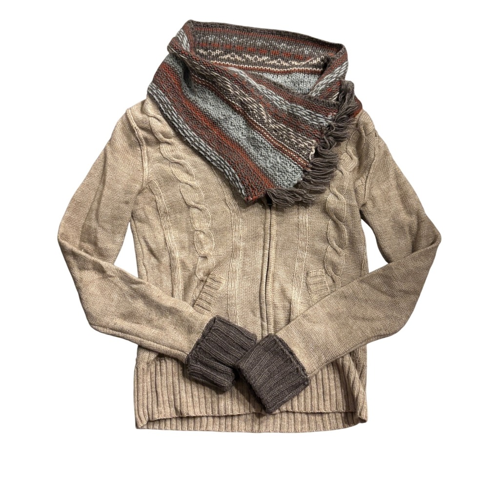 BKE Womens Tan Cable Knit Full Zip Cardigan Sweater Detachable Cowl Scarf L